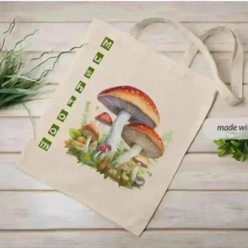 Mushroom  canvas recycled tote bag print